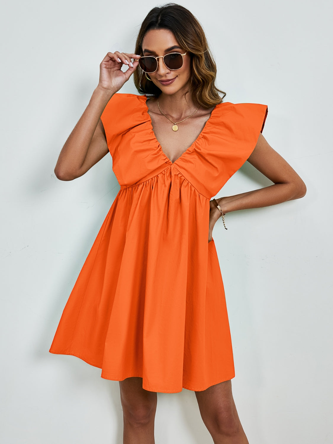 V-Neck Ruched Cap Sleeve Mini Dress