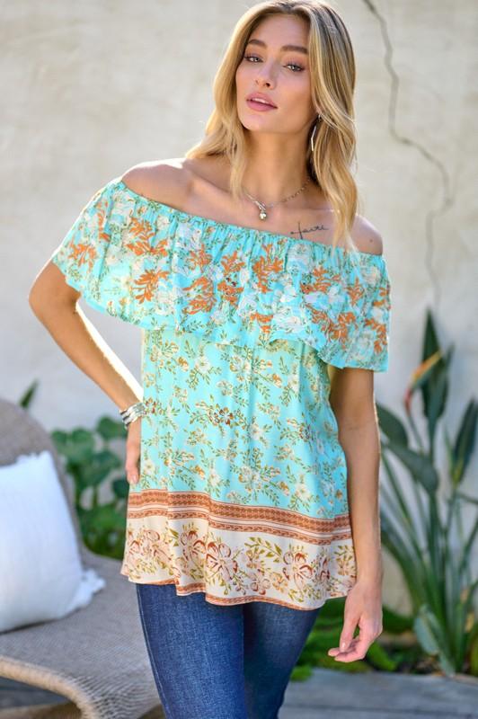 Printed Off Shoulder Smocked Top - Top