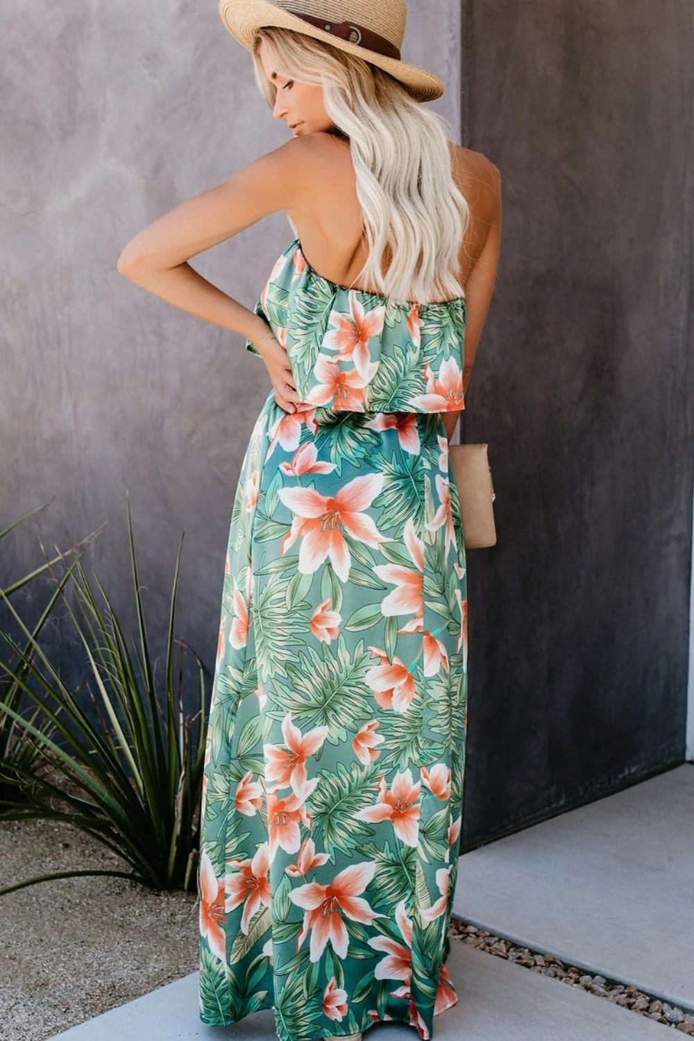 Slit Tropical Floral Sleeveless Strapless Maxi Tube Dress