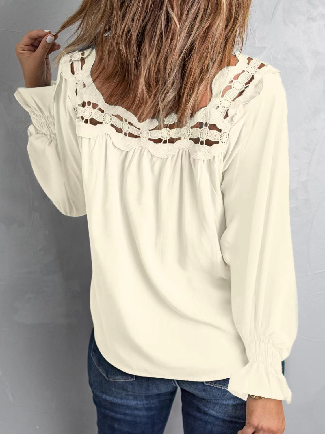 Cutout Square Neck Long Sleeve Lace Blouse