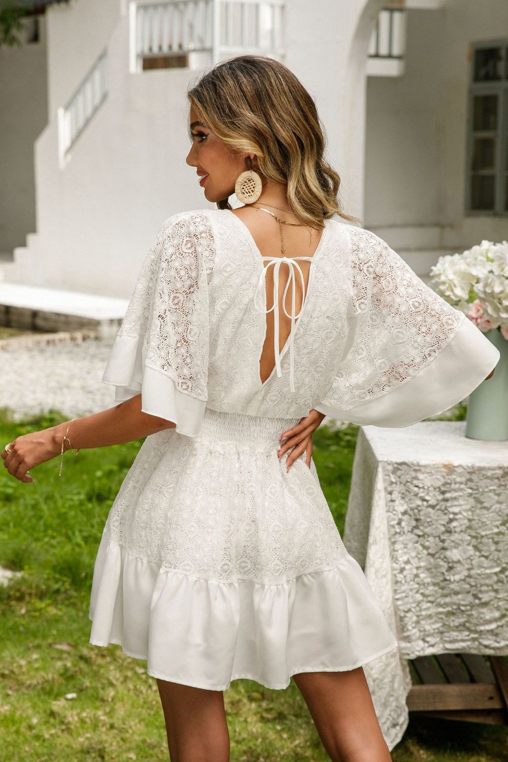 Lace Cutout Surplice Half Sleeve Mini Dress