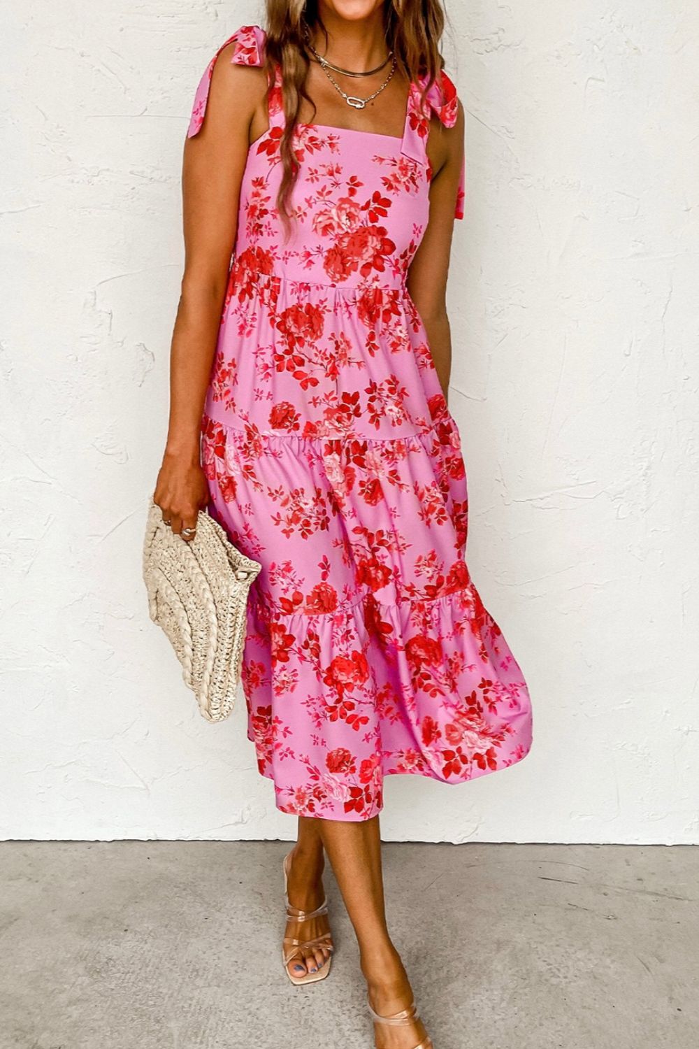 Tied Printed Sleeveless Tiered Midi Dress