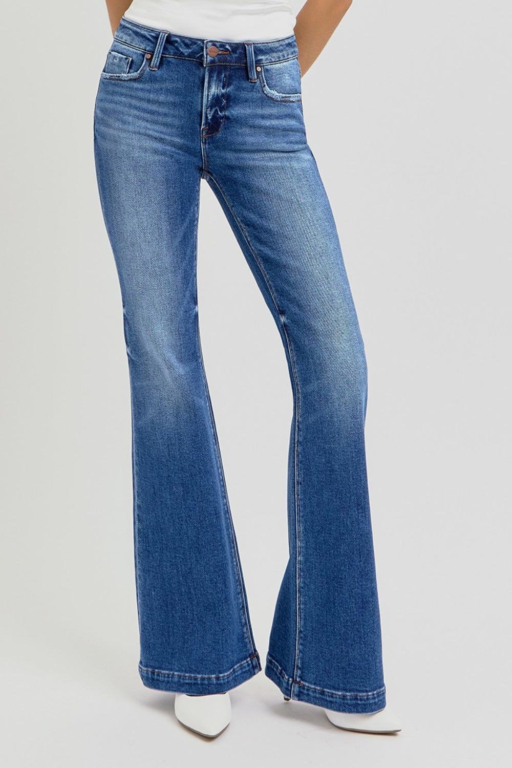 RISEN Full Size Mid Rise Flare Jeans with Pockets