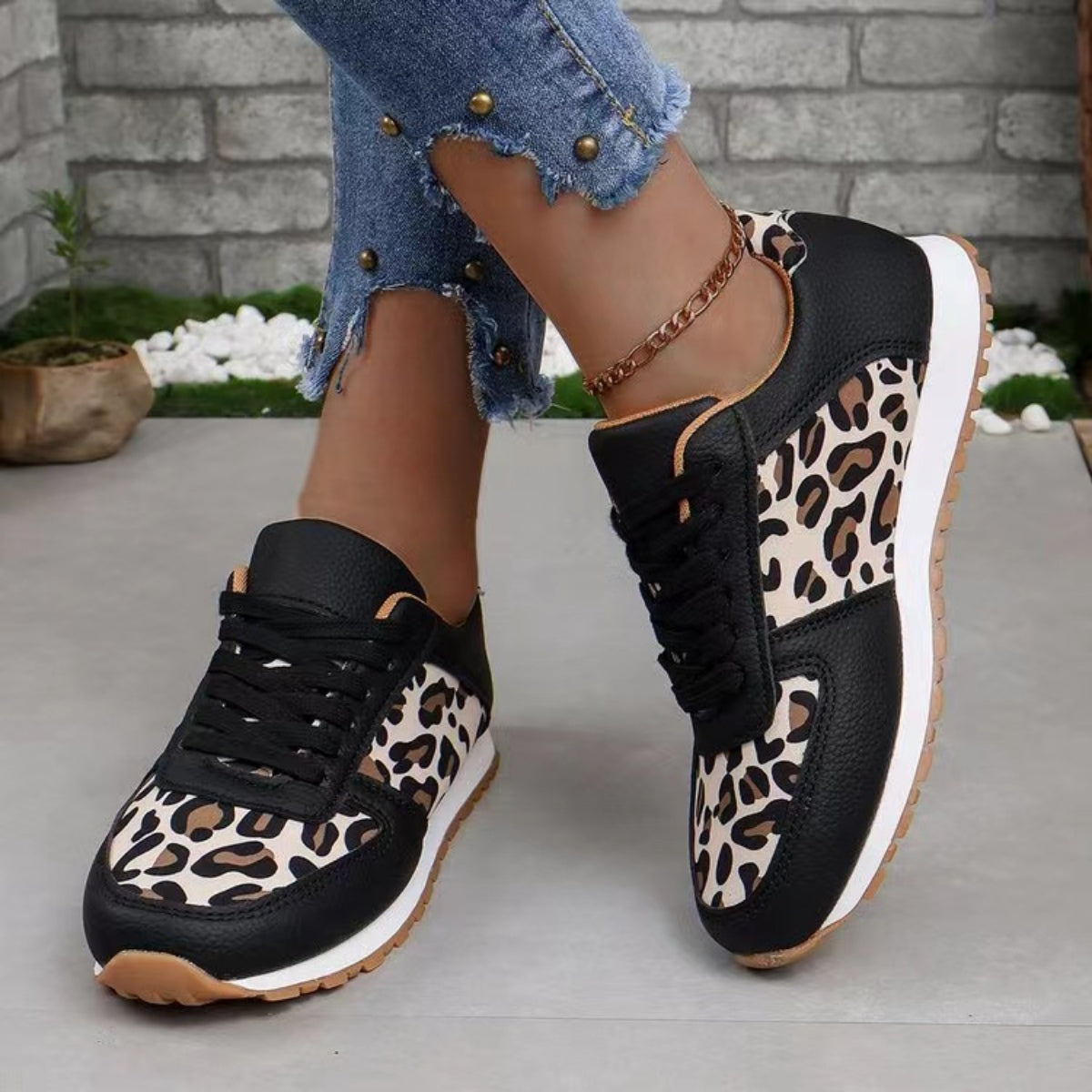 Tied Printed PU Leather Sneakers