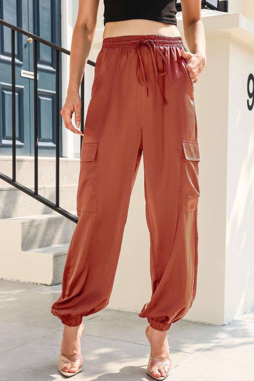 Tie High Waist Pocketed Joggers Pants - Pant