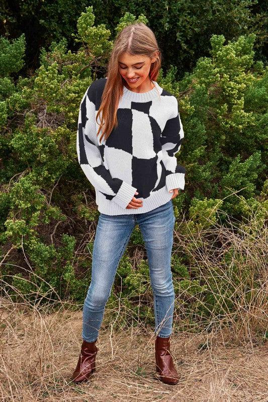 Multi Geo Checker Pullover Knit Sweater Top - Sweater