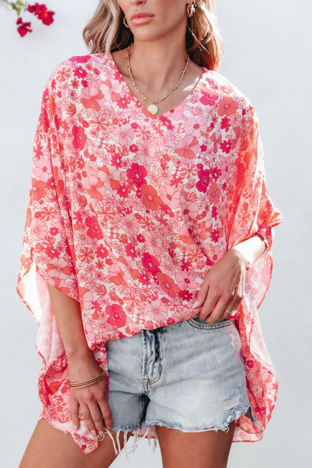 Floral V-Neck 3/4 Sleeve Blouse