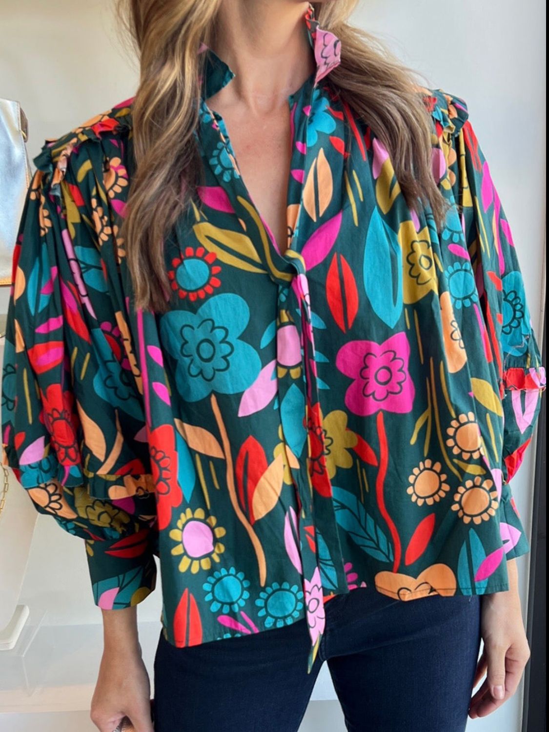 Multicolored Floral Lantern Sleeve Blouse