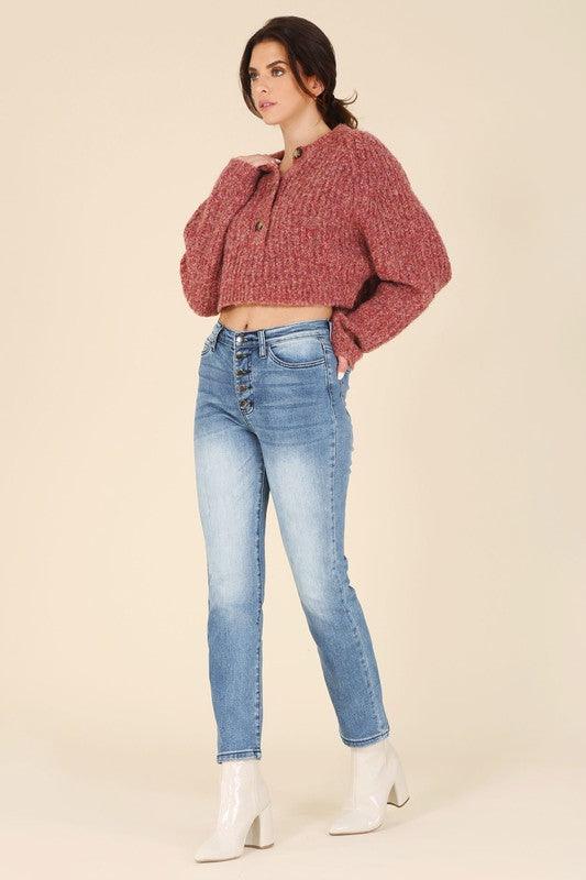 Melange Bottoned Cropped Sweater - Sweater