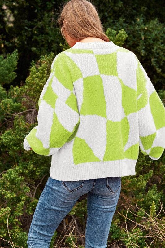 Multi Geo Checker Pullover Knit Sweater Top - Sweater