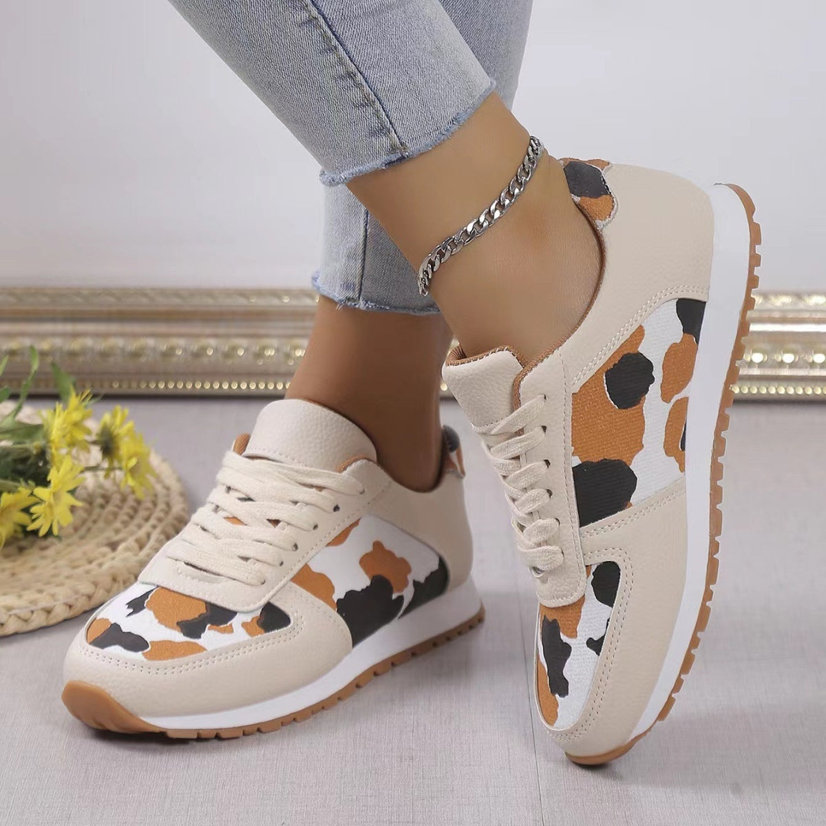 Tied Leopard PU Leather Sneakers