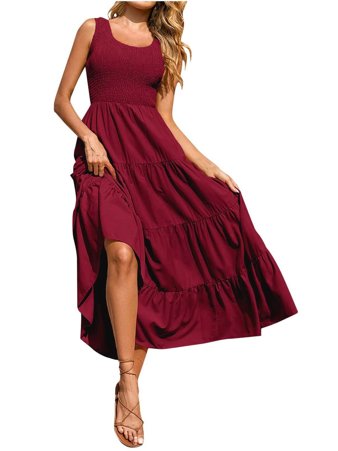 Tiered Smocked Wide Strap Midi Dress