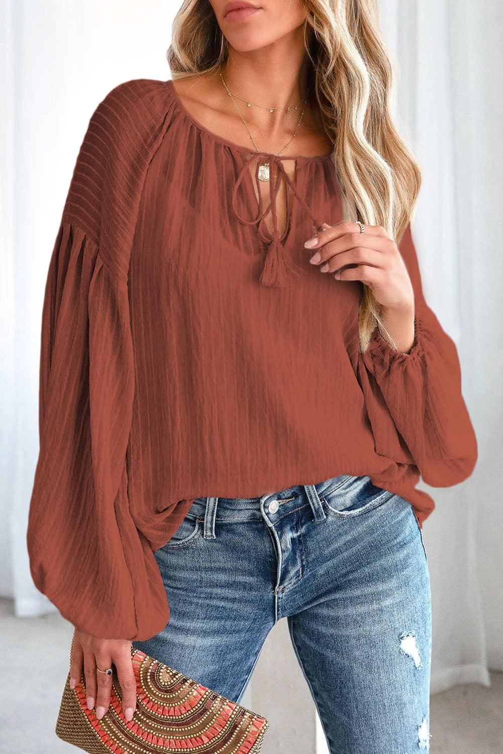 Tie Neck Dropped Shoulder Long sleeve Top - Top