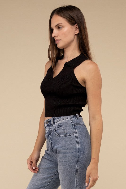 HYFVE Sleeveless Collared Crop Knit Top