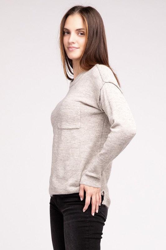 Melange Hi-Low Hem Round Neck Sweater - Sweater