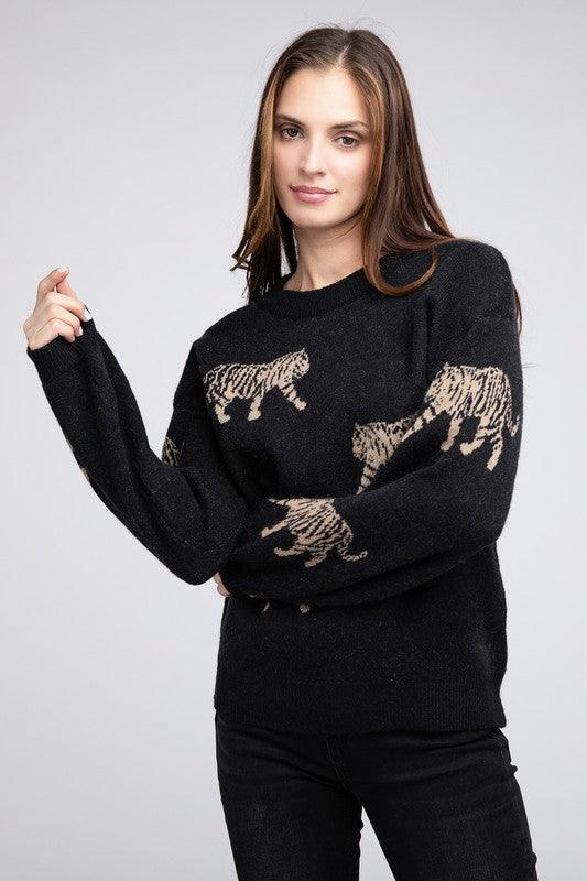 Tiger Pattern Pullover Sweater - Sweater