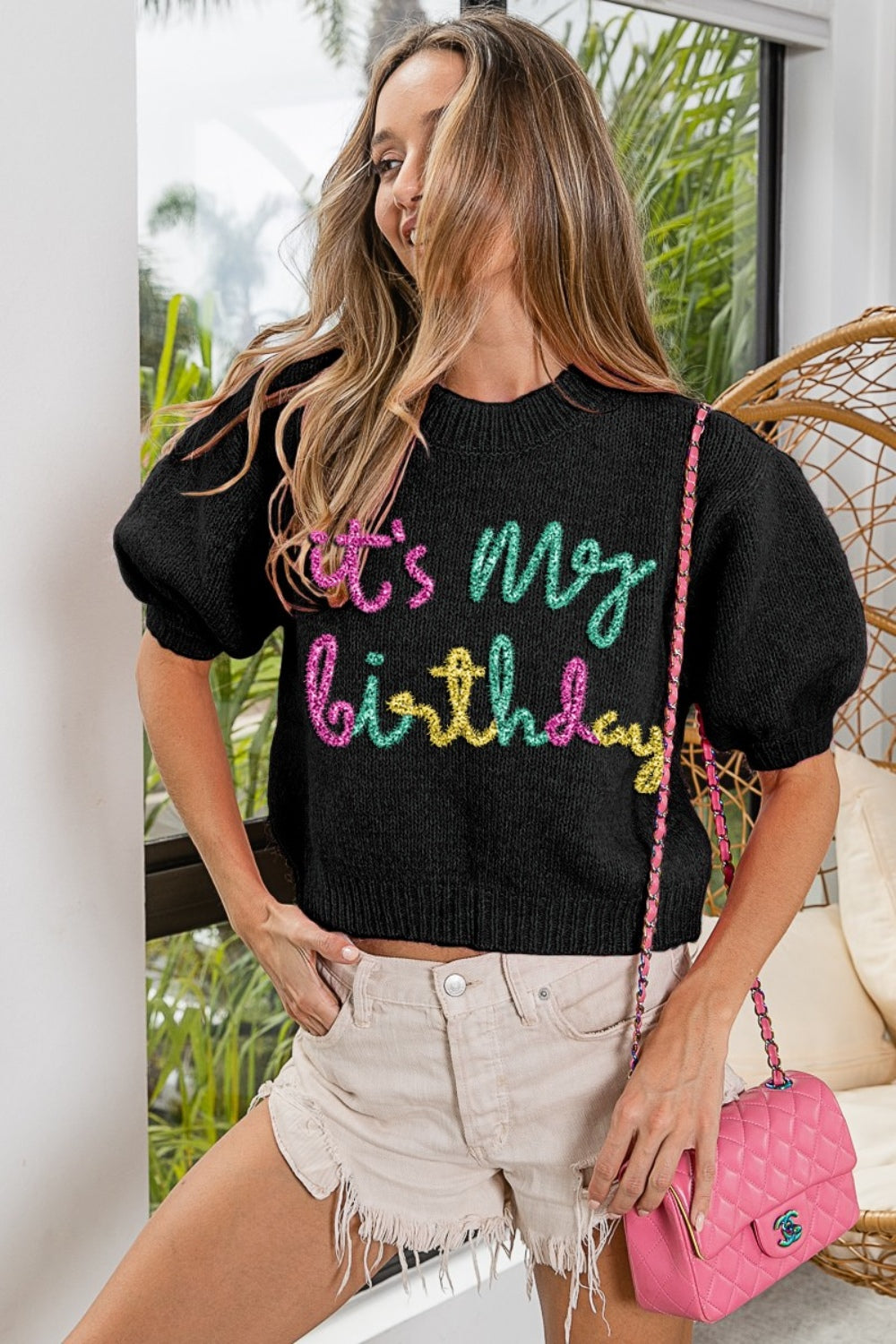 BiBi Metallic Letter It's My Birthday Puff Sleeve Sweater