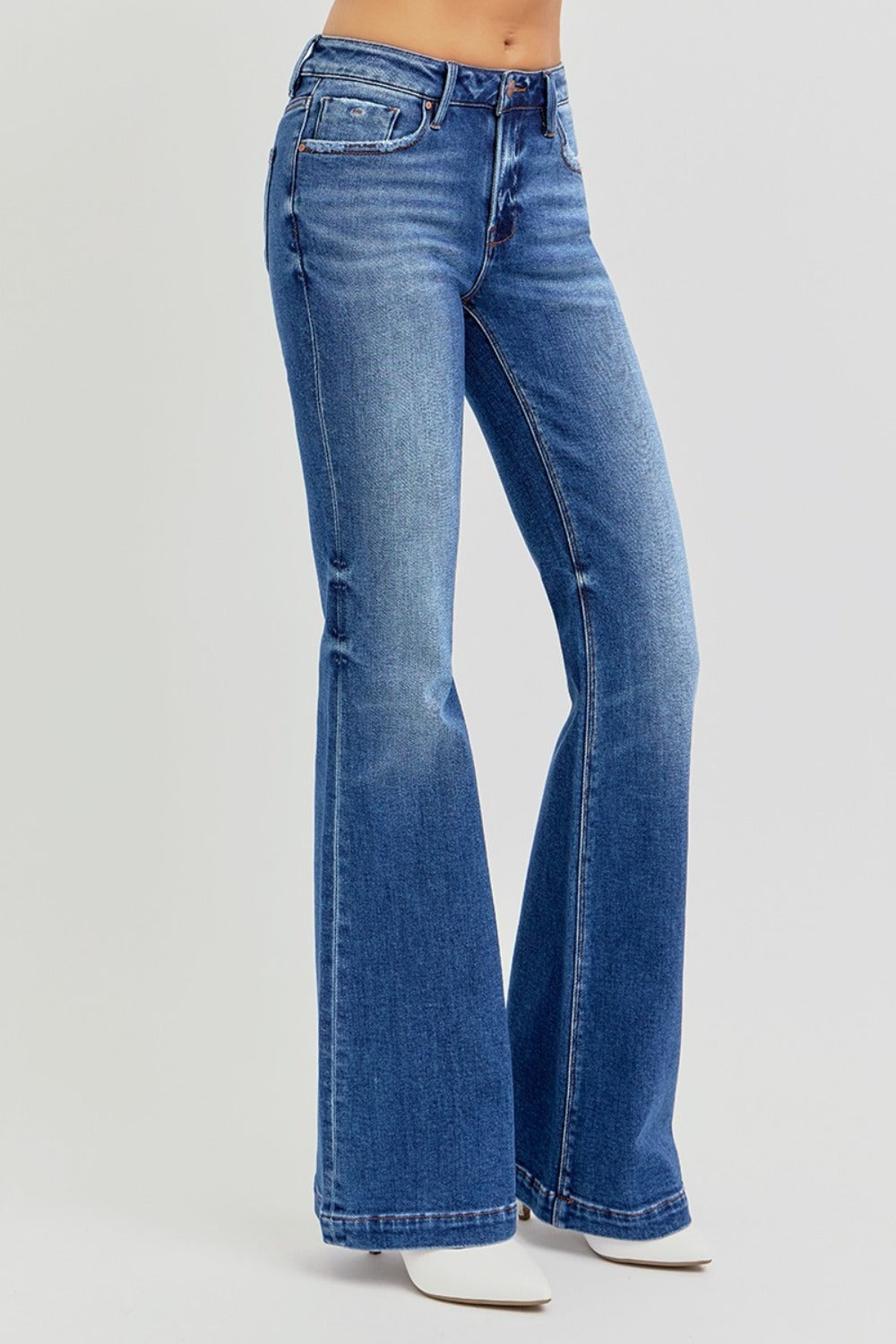 RISEN Full Size Mid Rise Flare Jeans with Pockets