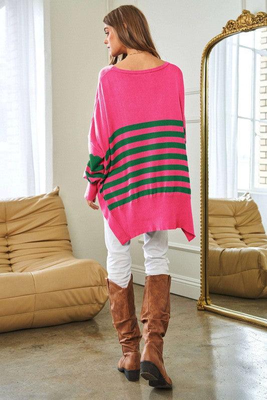 Striped Elbow Patch Oversized Sweater Top - Sweater