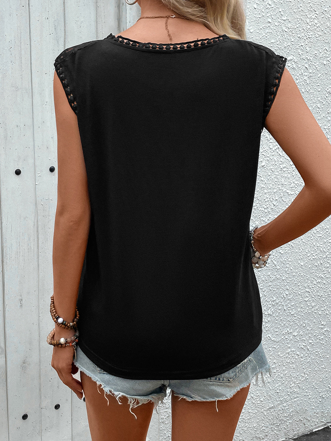 Perfee Lace Round Neck Cap Sleeve Top