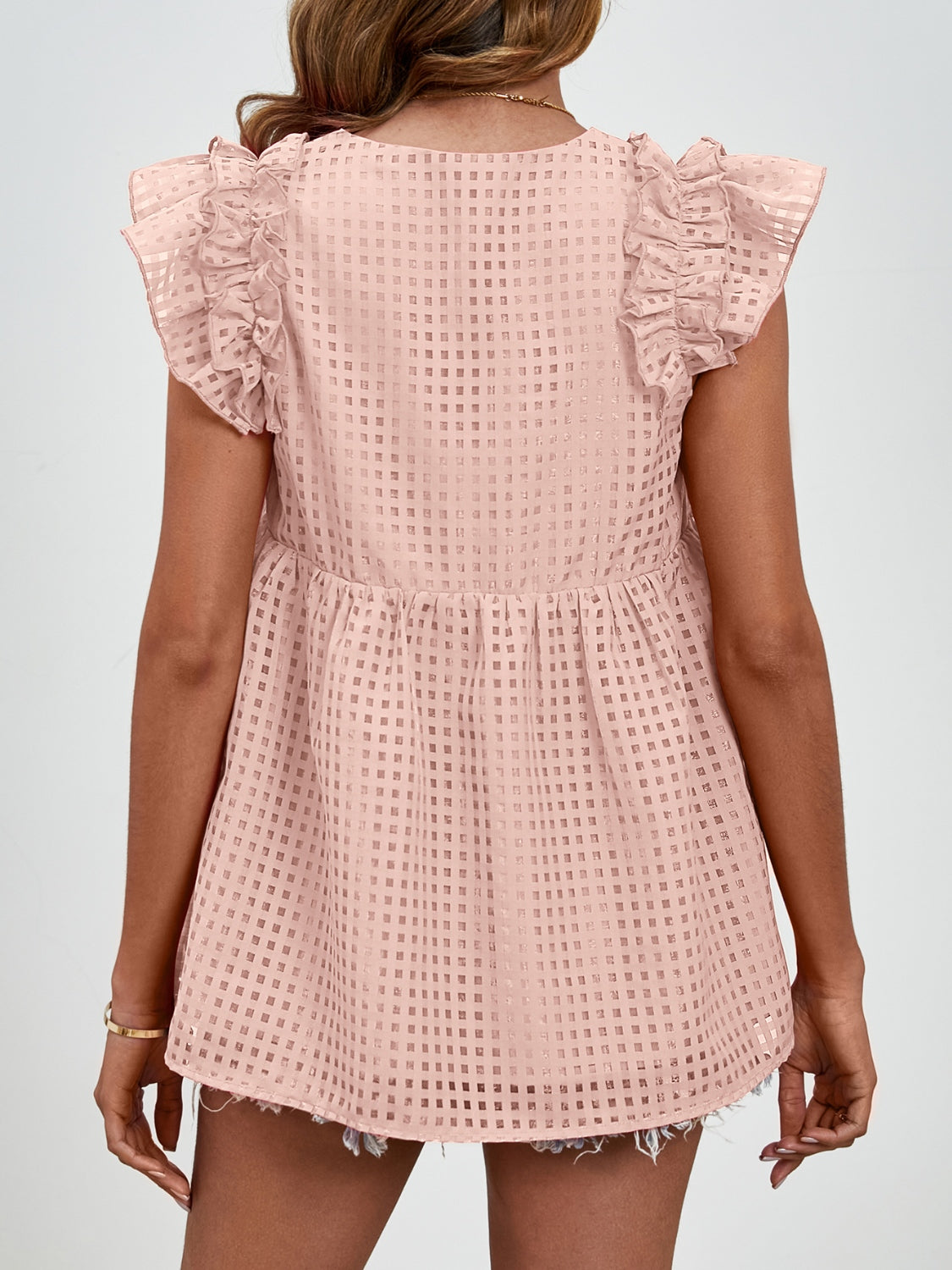 Ruched Ruffled V-Neck Cap Sleeve Blouse