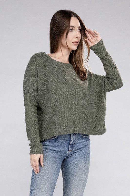 Zenana Ribbed Dolman Long Sleeve Sweater - Sweater