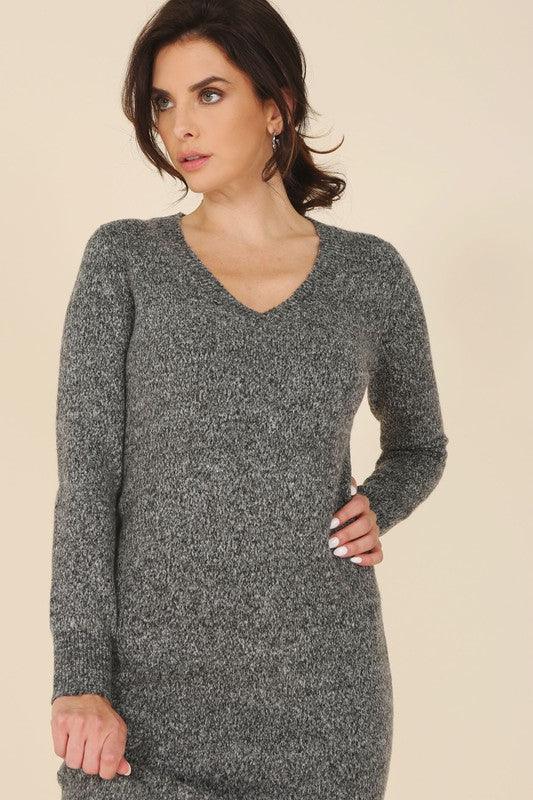 V-Neck Sweater Midi Dress - Dresses