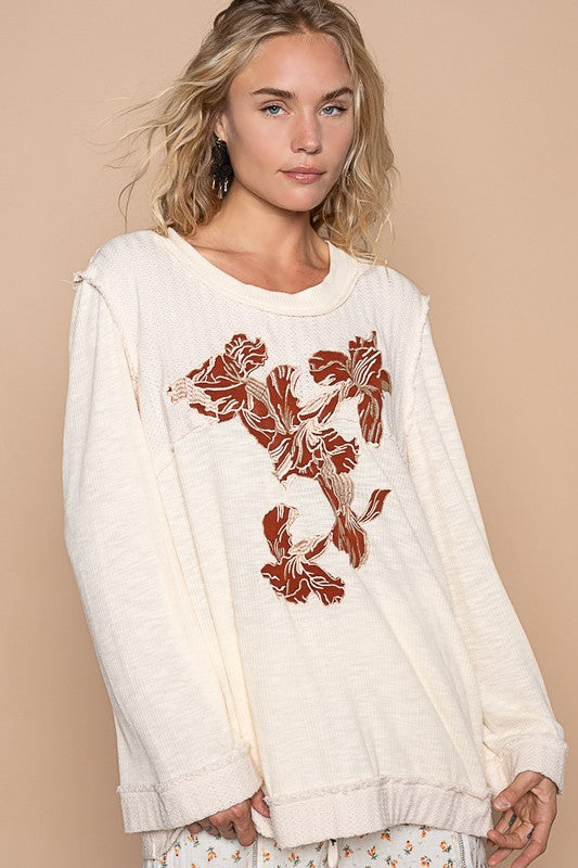 POL Embroidered Round Neck Long Sleeve Knit Top