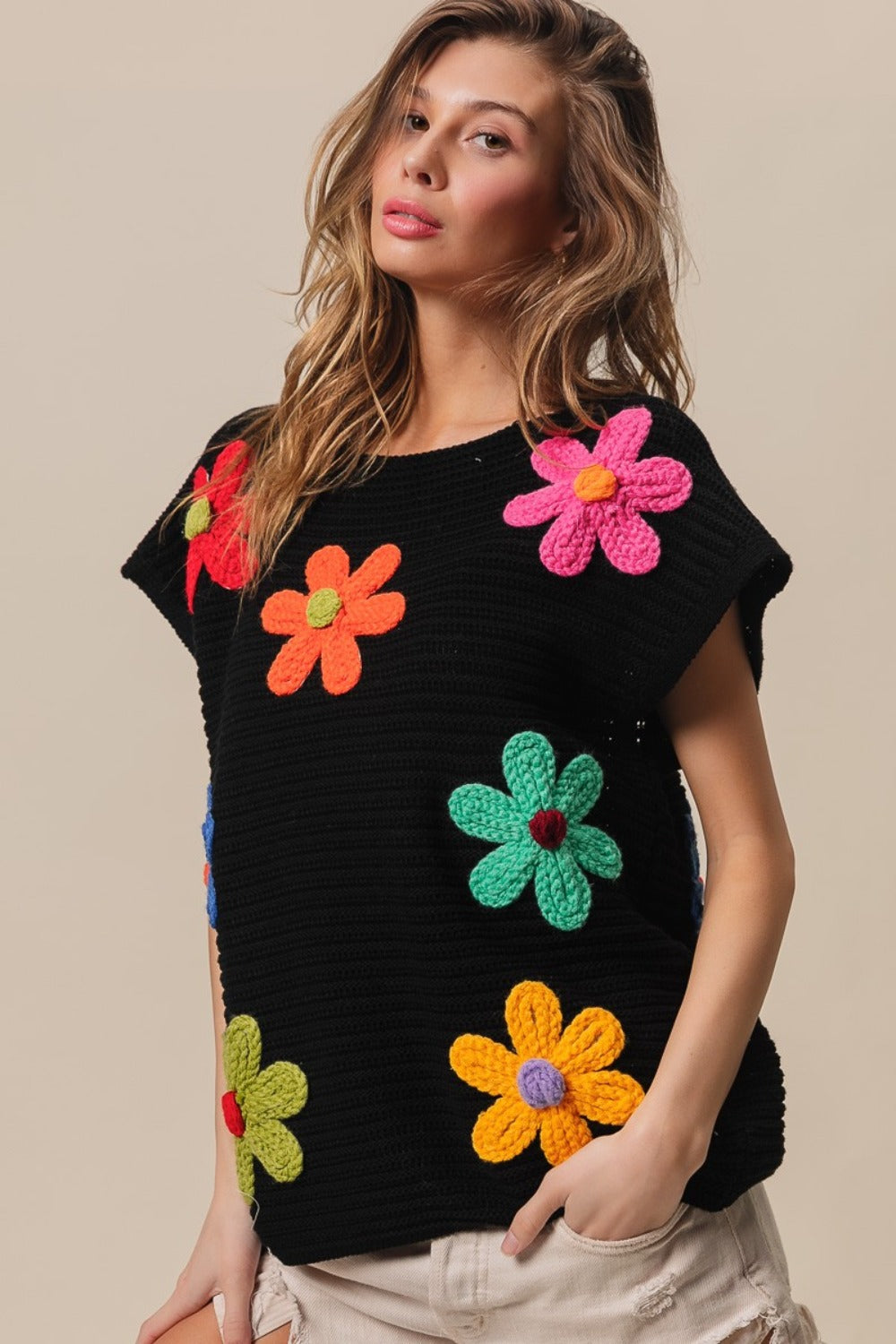 BiBi Flower Round Neck Cap Sleeve Sweater Vest