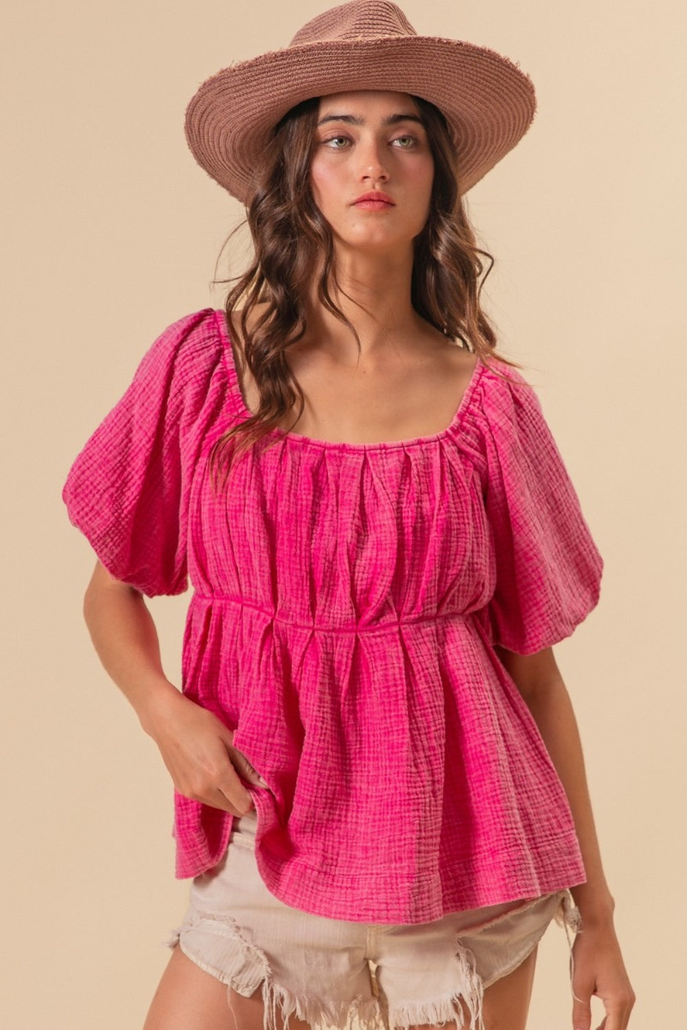 BiBi Pleated Puff Sleeve Washed Top