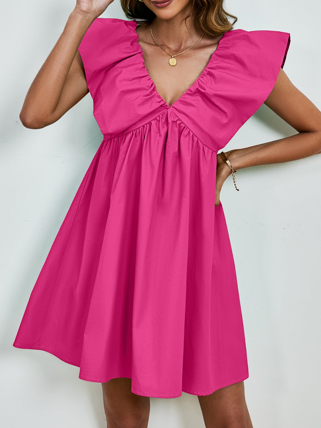 V-Neck Ruched Cap Sleeve Mini Dress