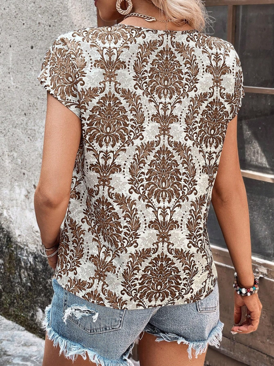 Paisley Short Sleeve Tie Neck Blouse