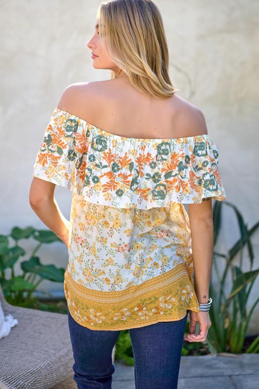 Printed Off Shoulder Smocked Top - Top