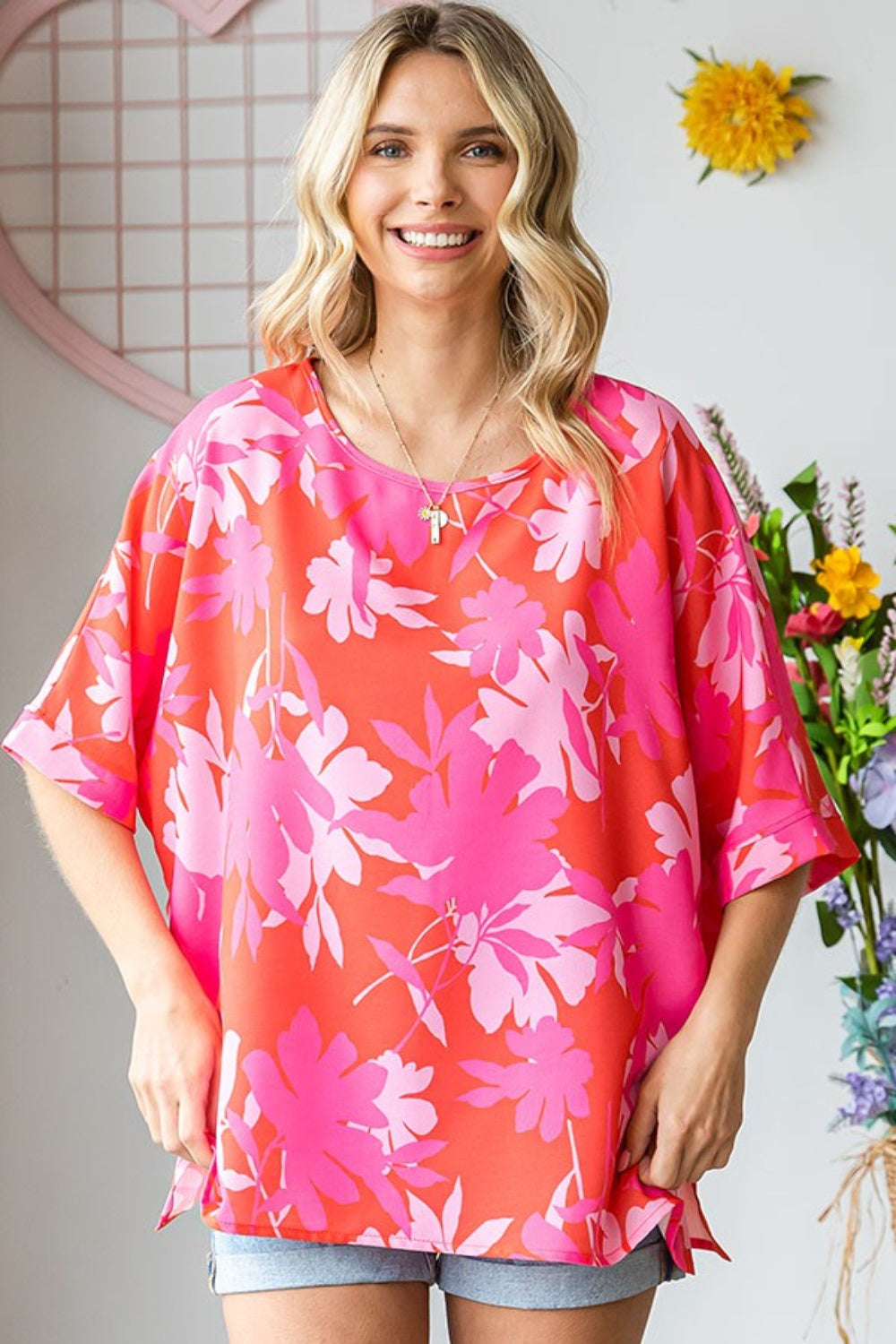 First Love Slit Floral Round Neck Half Sleeve Blouse