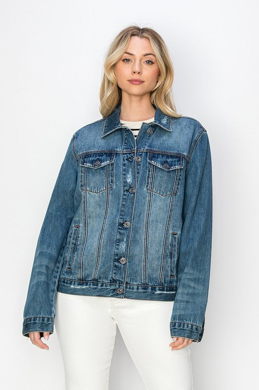 RISEN Full Size Distressed Button Up Denim Jacket