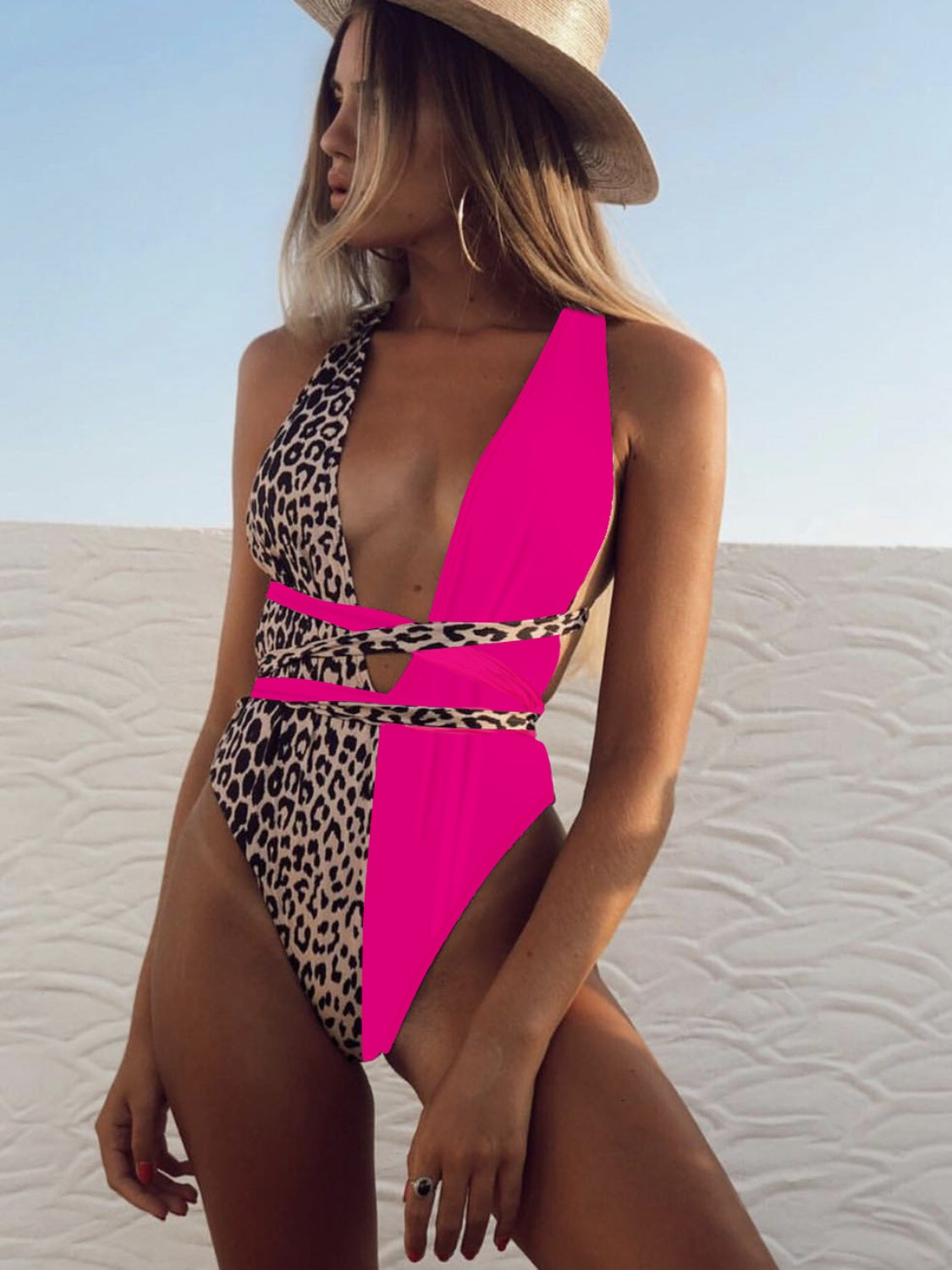 Tied Leopard Plunge One-Piece Swimsuit