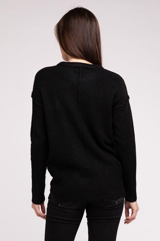 Melange Hi-Low Hem Round Neck Sweater - Sweater