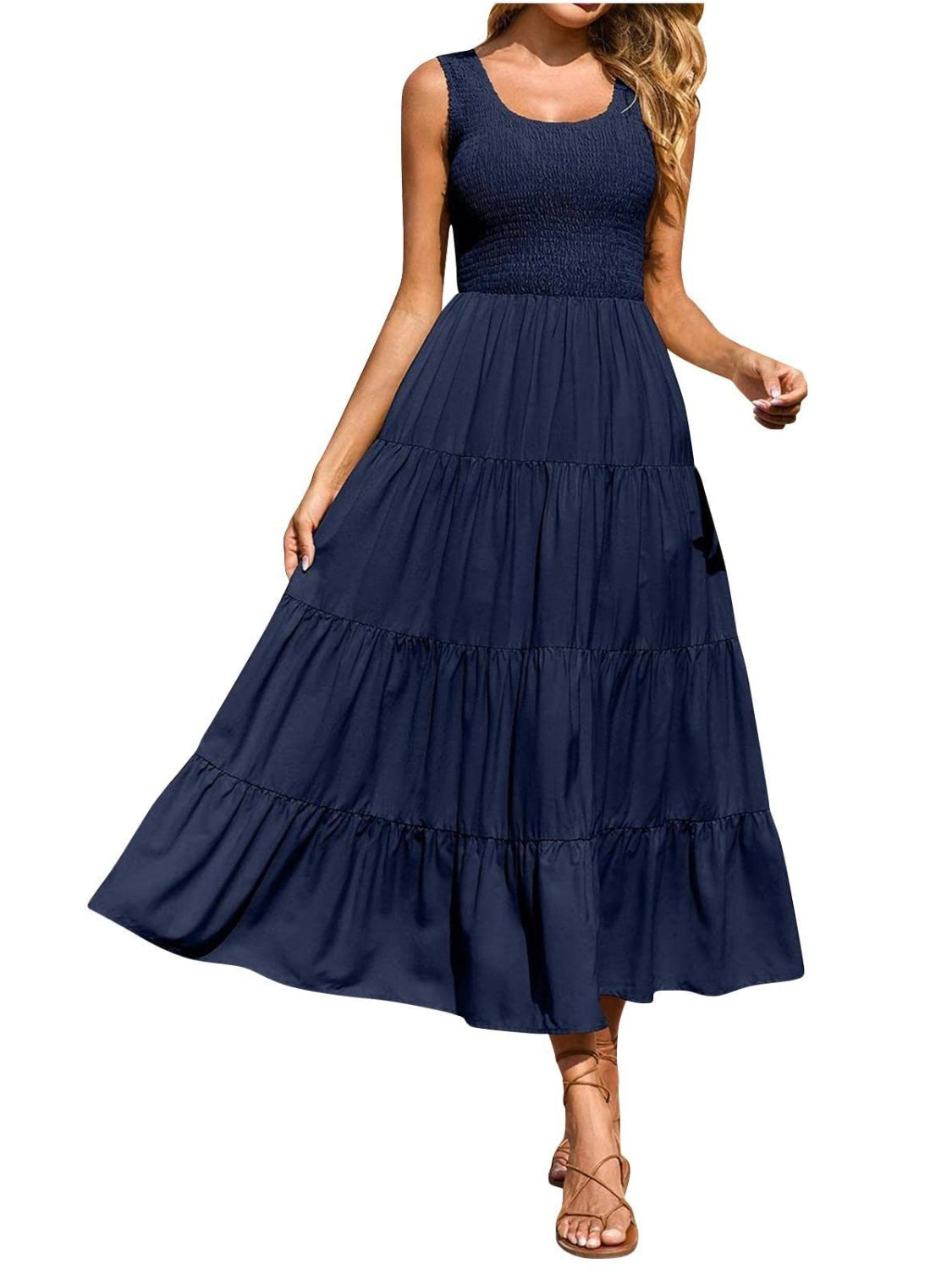 Tiered Smocked Wide Strap Midi Dress