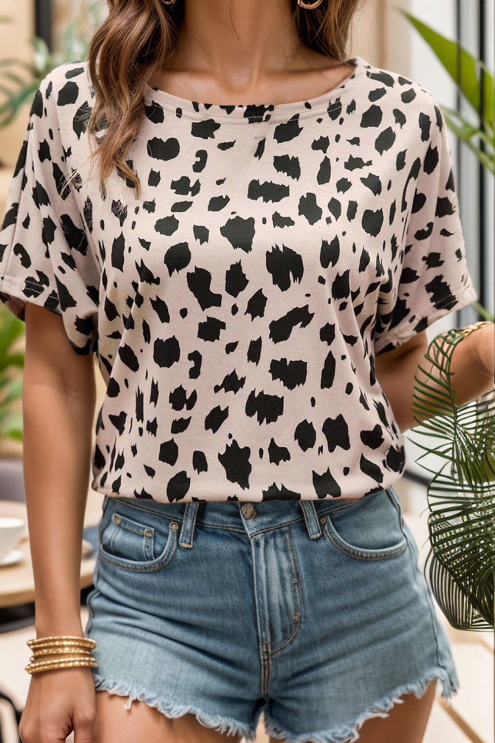 Backless Leopard Boat Neck Short Sleeve Blouse