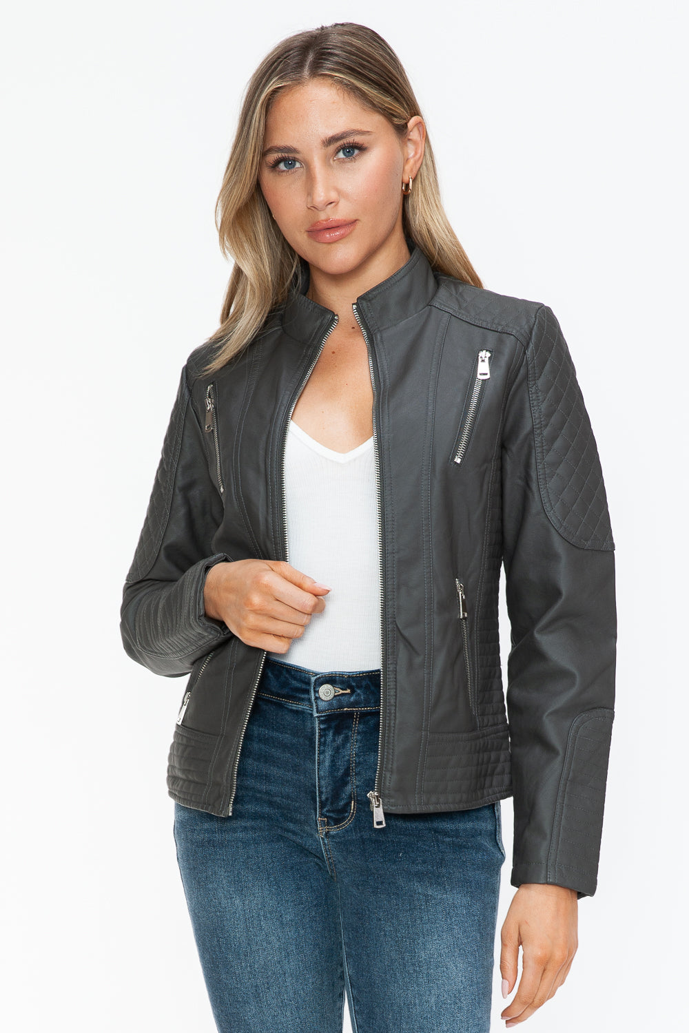 Snobbish Faux Leather Zip Up Mock Neck Moto Jacket