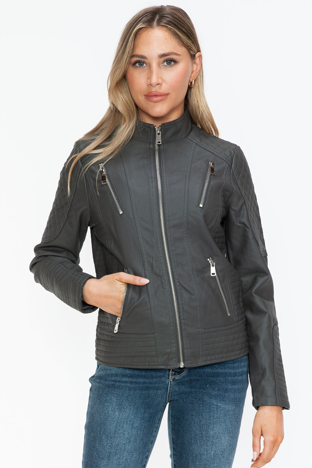 Snobbish Faux Leather Zip Up Mock Neck Moto Jacket