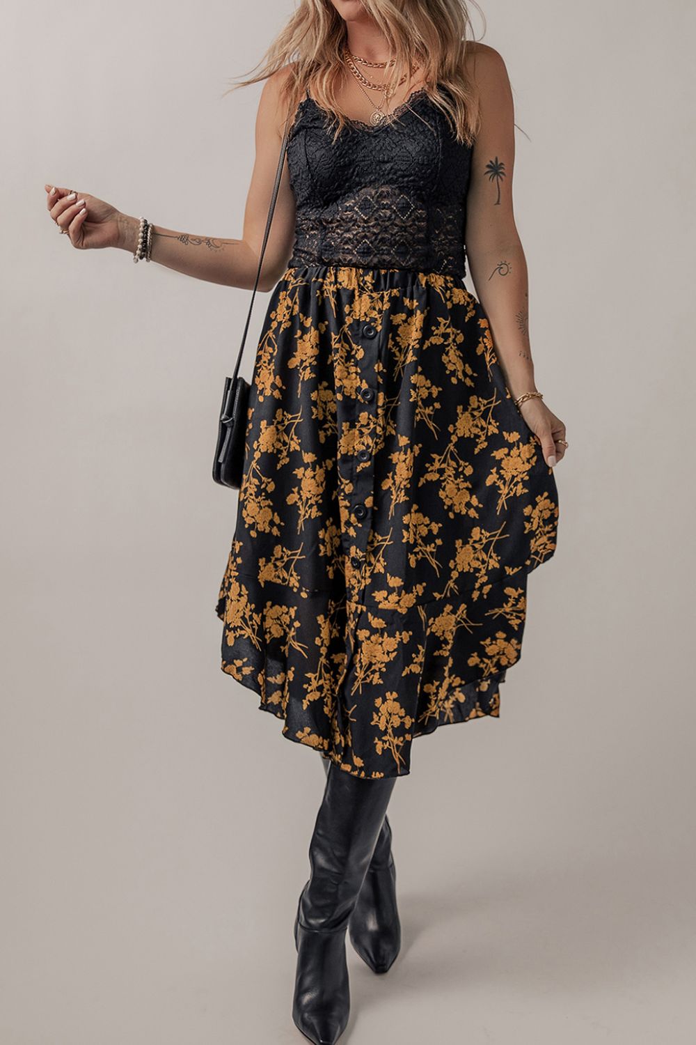 Floral Buttoned Ruffle Hem Midi Skirt