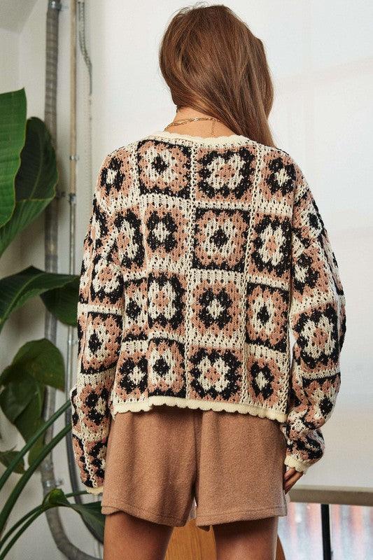 Crochet Patchwork Round Neck Pullover Sweater - Sweater