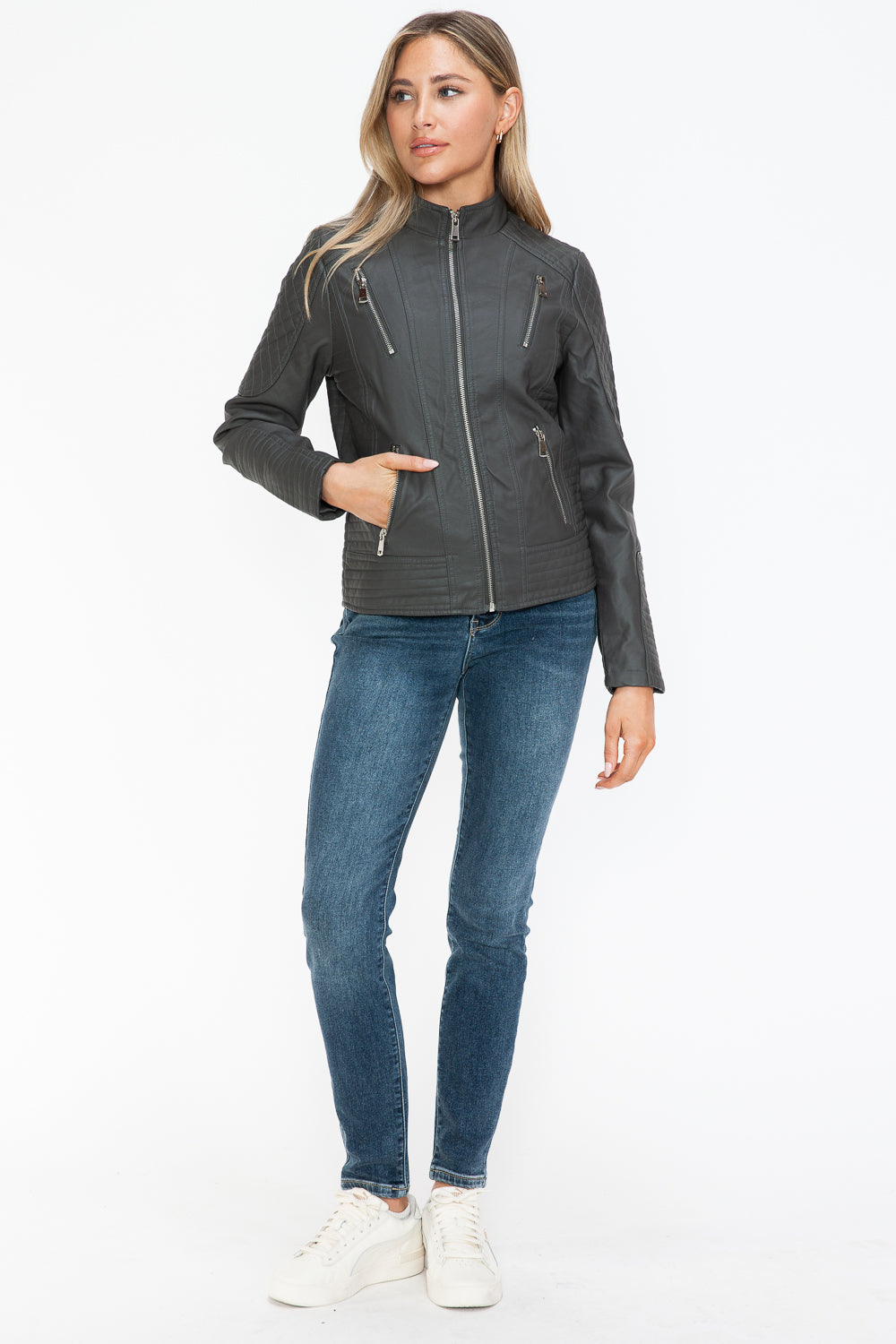 Snobbish Faux Leather Zip Up Mock Neck Moto Jacket