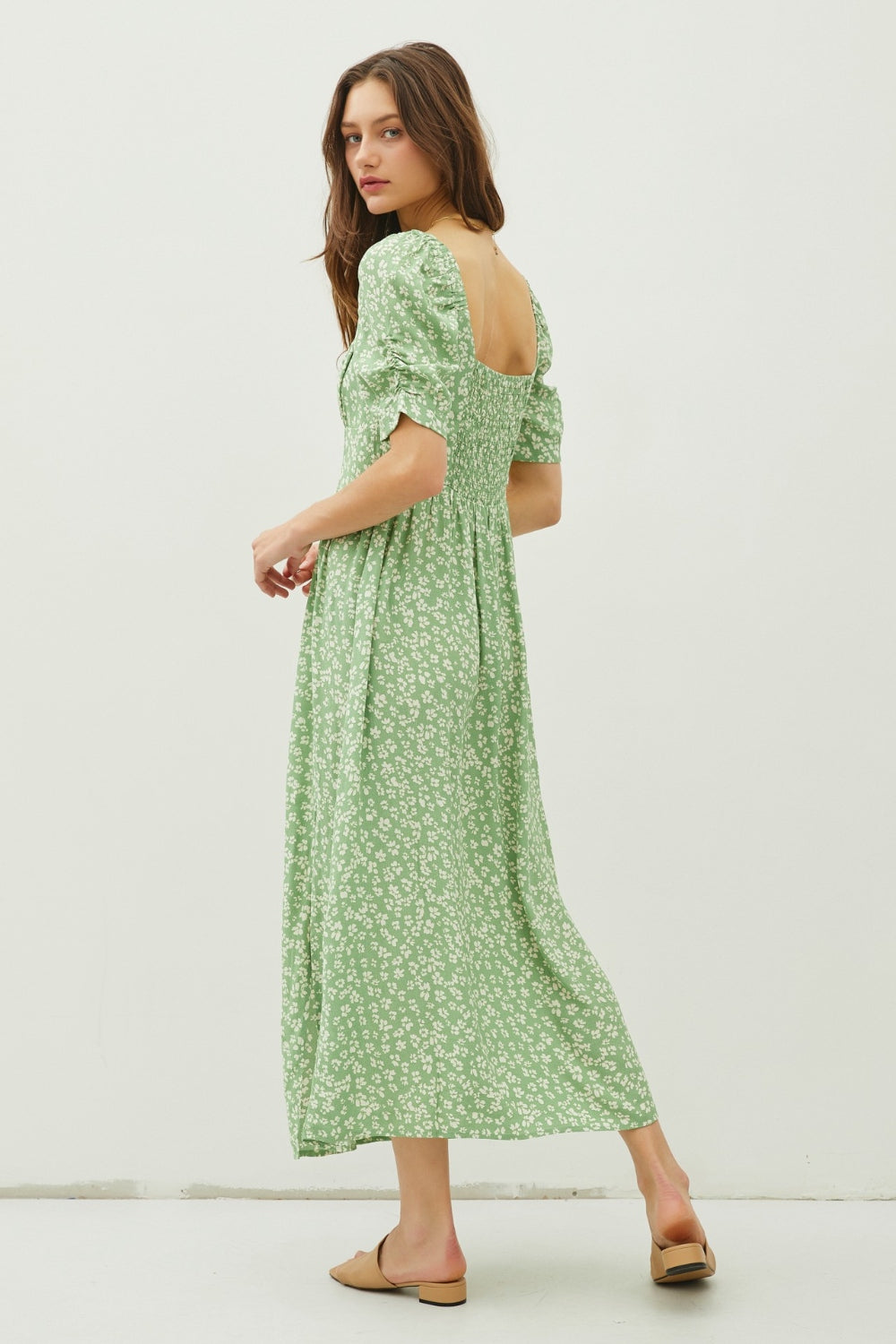 Be Cool Floral Smocked Back Slit Midi Dress