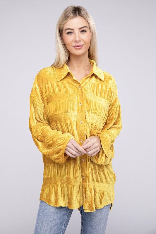 BiBi Wrinkle Effect Tiered Shirring Velvet Shirt - Shirt