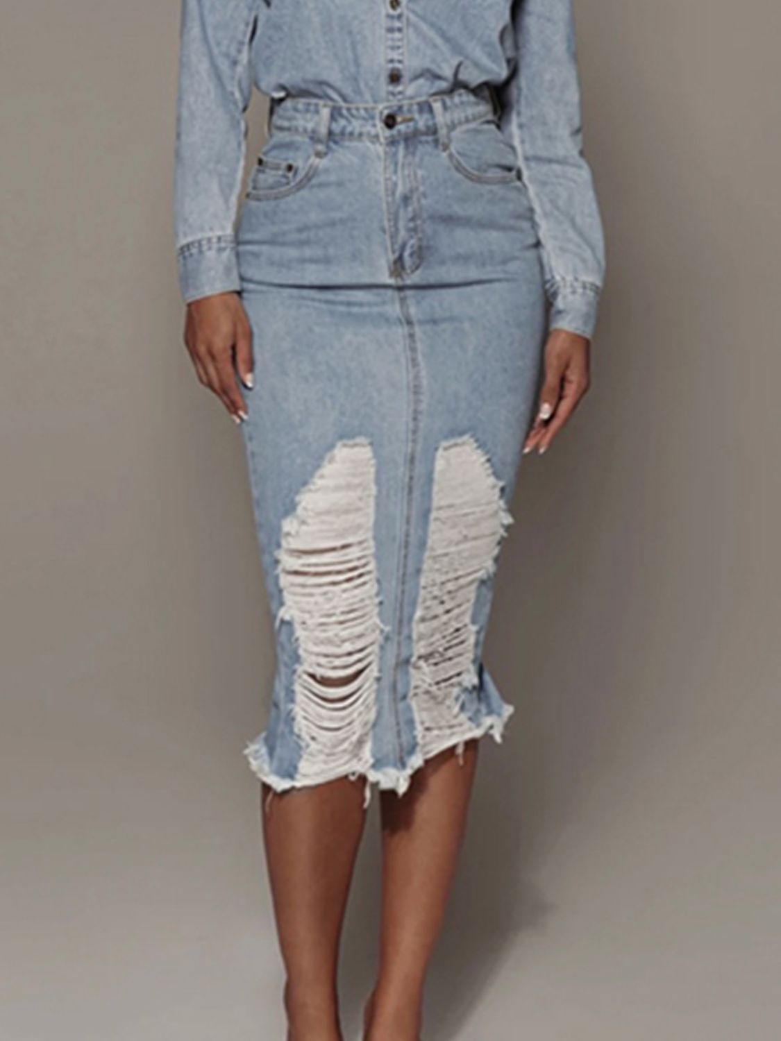 Distressed Slit Midi Denim Skirt