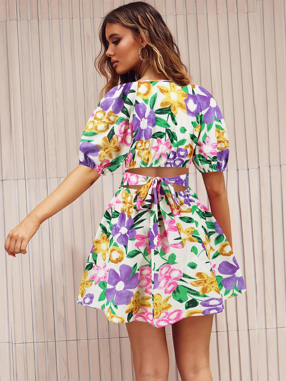 Floral Surplice Short Sleeve Mini Dress