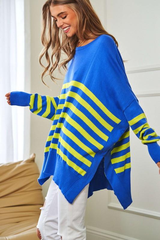 Striped Elbow Patch Oversized Sweater Top - Sweater