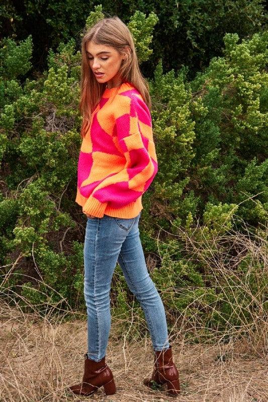 Multi Geo Checker Pullover Knit Sweater Top - Sweater